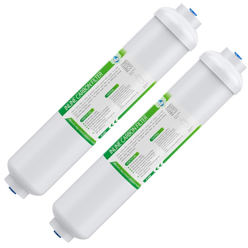 Membrane Solutions T33 Inline Water Filter, 2-Pack 1/4" Quick-Connect Replacement Cartridges for Refrigerator & Ice Maker, Post-Carbon Filter for Reverse Osmosis Systems, Push-to-Connect - Image 1